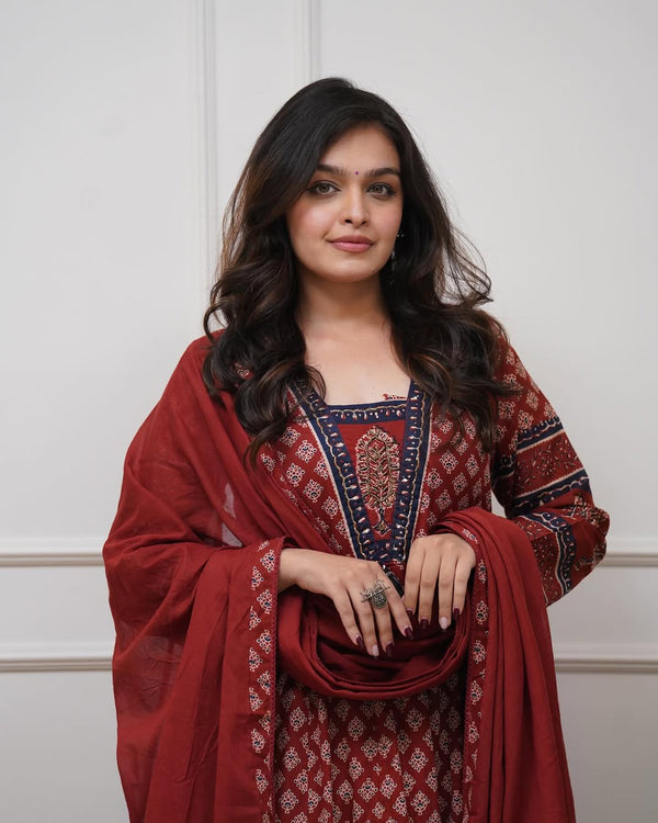 Maroon Cotton Anarkali Kurta Set | Block Print Flared Suit with Dupatta
