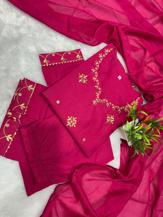 Pink Embroidered Cotton Kurta Palazzo Set with Dupatta