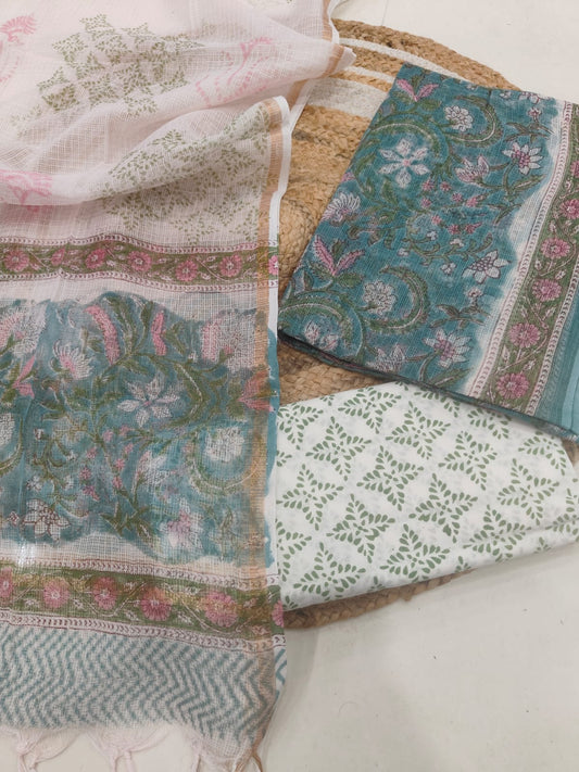 Teal Floral Printed kota doriya Suit Set (BFFKO10)
