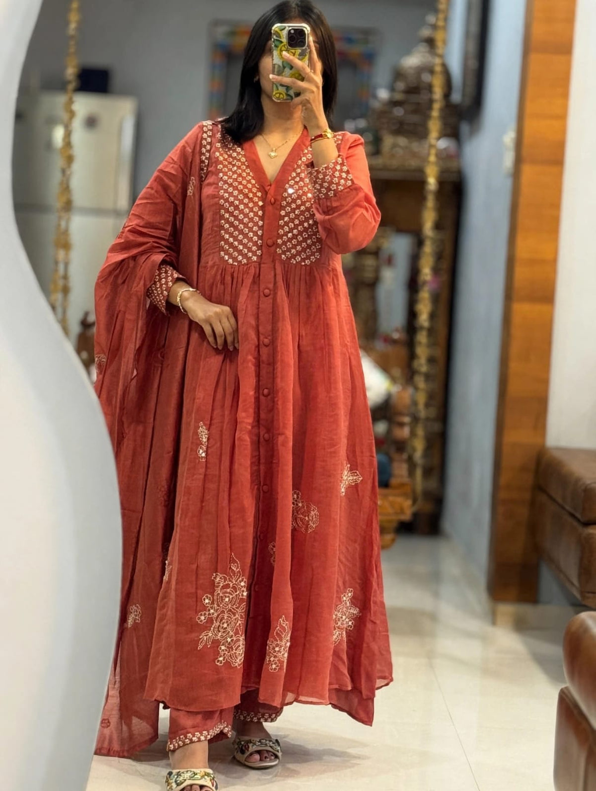 Rust Orange Cotton Embroidery Anarkali Kurti Pant Dupatta Set