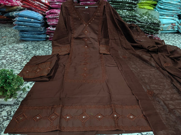 Coffee Brown Chikankari Embroidered Cotton Suit Set for Women