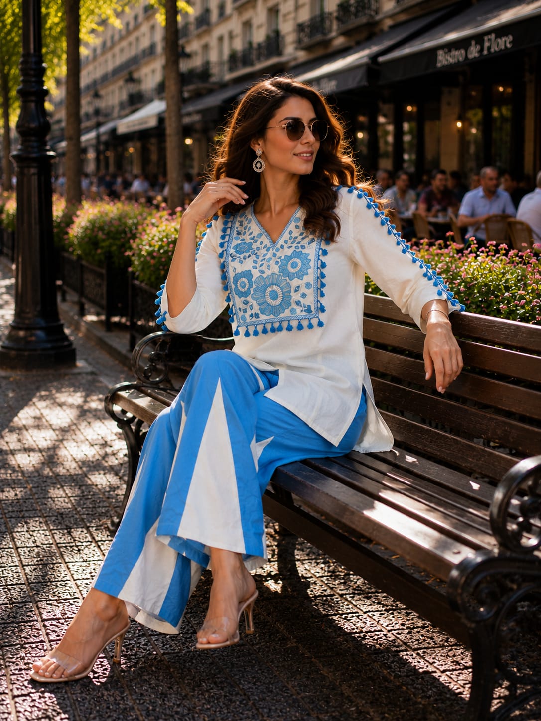 White Khadi Cotton Co-ord Set with Blue Embroidery