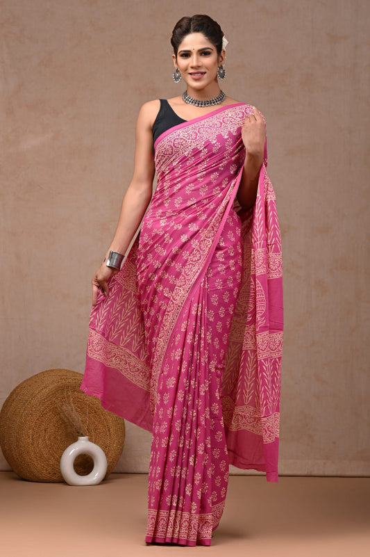 Rani Pink Hand Block Printed Cotton Saree with Blouse (BFCS66)