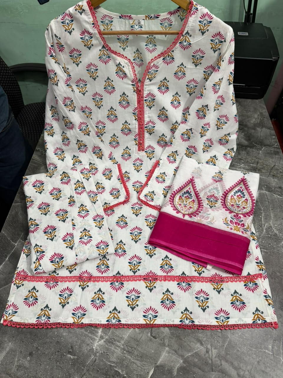 Off-White Floral Printed Farsi Cotton Suit for Women | Kurti with Farsi Pant & Contrast Pink Border Dupatta