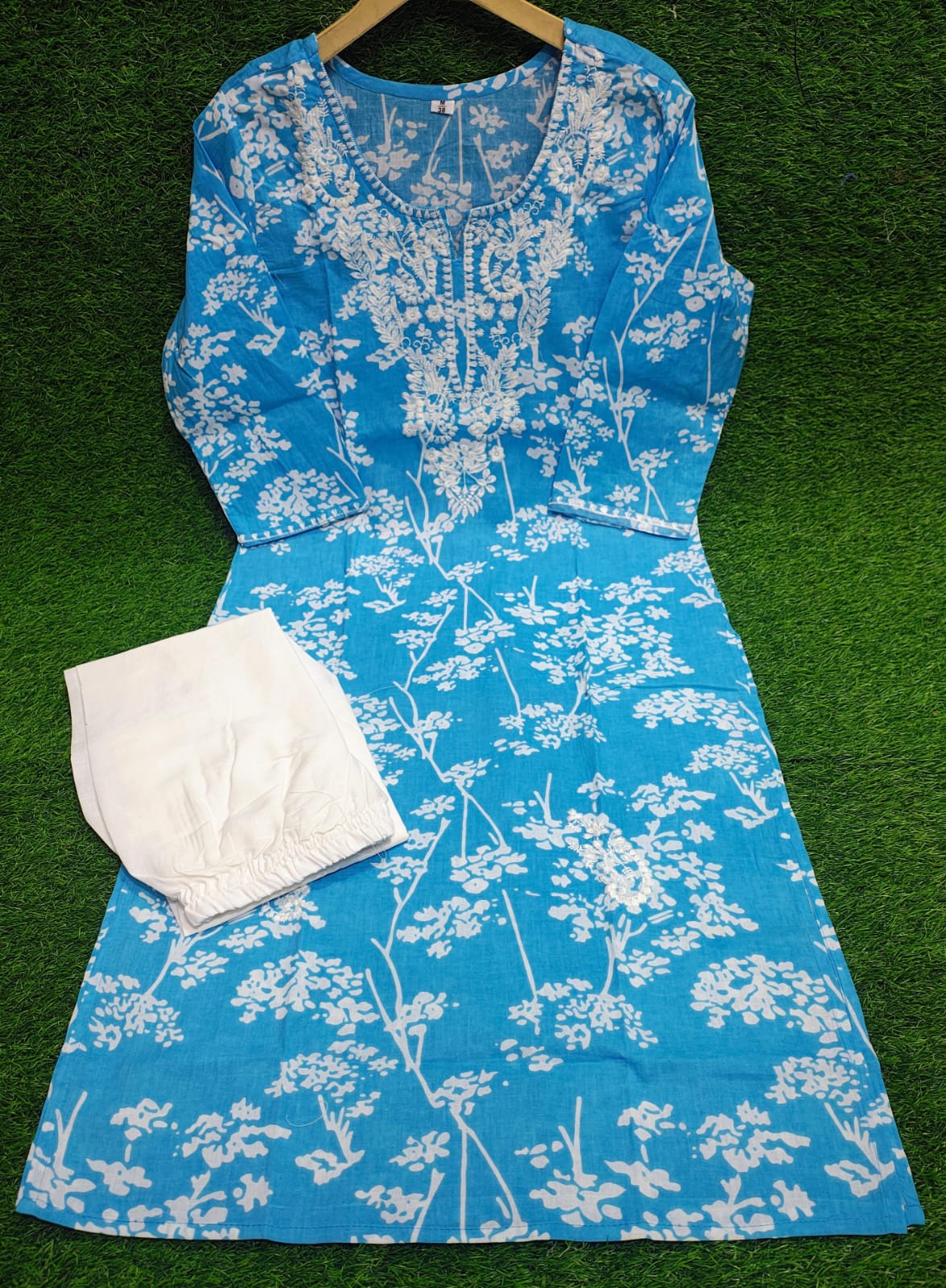 Blue Chikankari Kurti Pant Set | Mulmul Cotton Elegant Ethnic Wear for Women