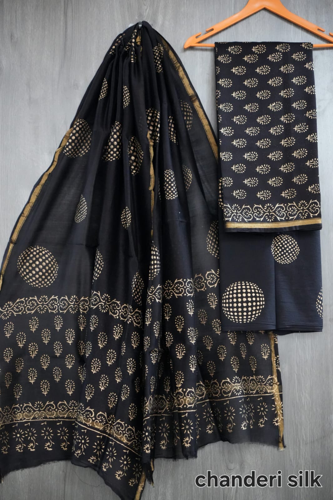 Black & Gold Circle Motif Hand Block Print Chanderi Silk Dress Material | (BFCHS27)