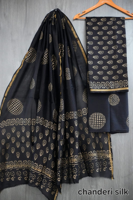 Black & Gold Circle Motif Hand Block Print Chanderi Silk Dress Material | (BFCHS27)
