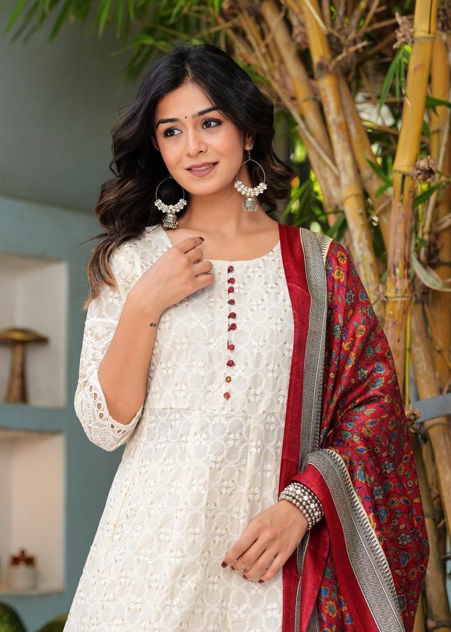 *New Chikankari Design Set*

 *Trust our new arrivals classic comfortable chikankari cotton sets in the most beautiful two summer colors*

 *Pure Chikankari Anarkali kurti with pant and silk chanderi digital Print dupatta set*
