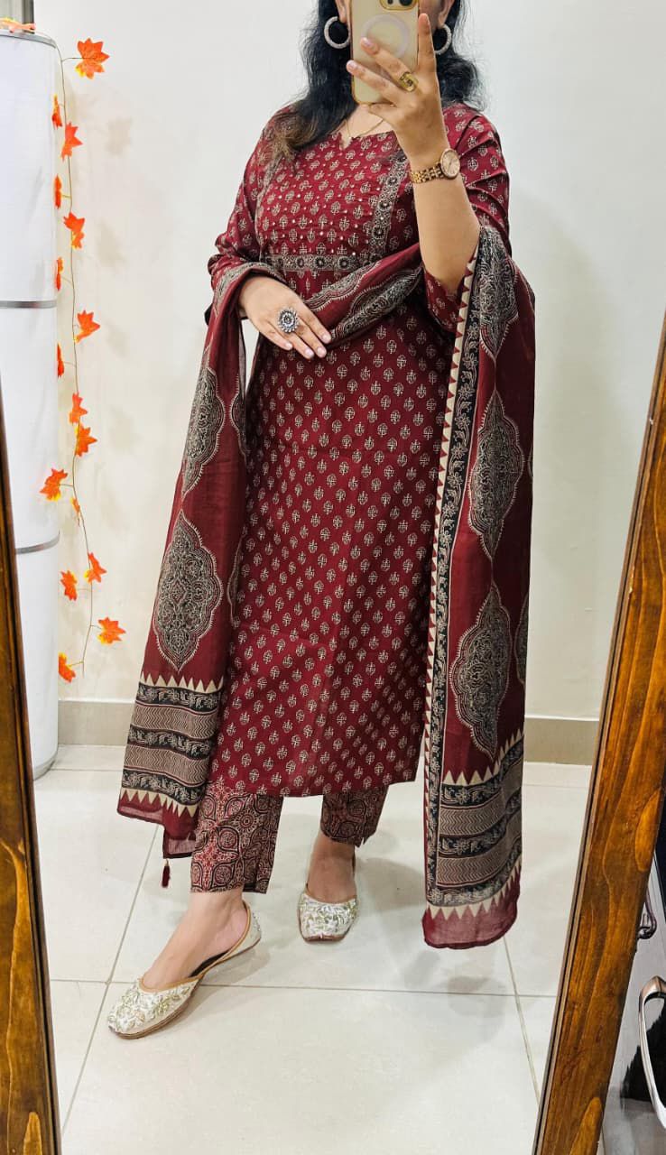 Maroon Printed Cotton Suit Set with Dupatta