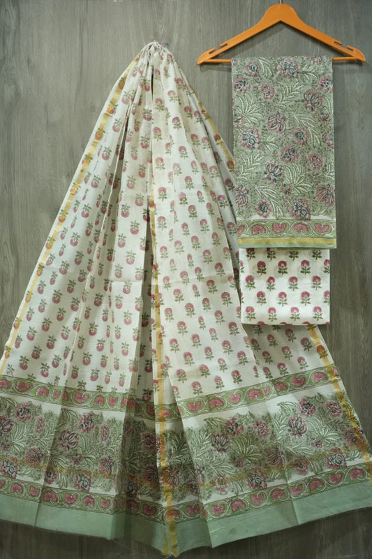 White & Pink Small Genda Butti Hand Block Print Chanderi Silk Dress Material (BFCHS48)