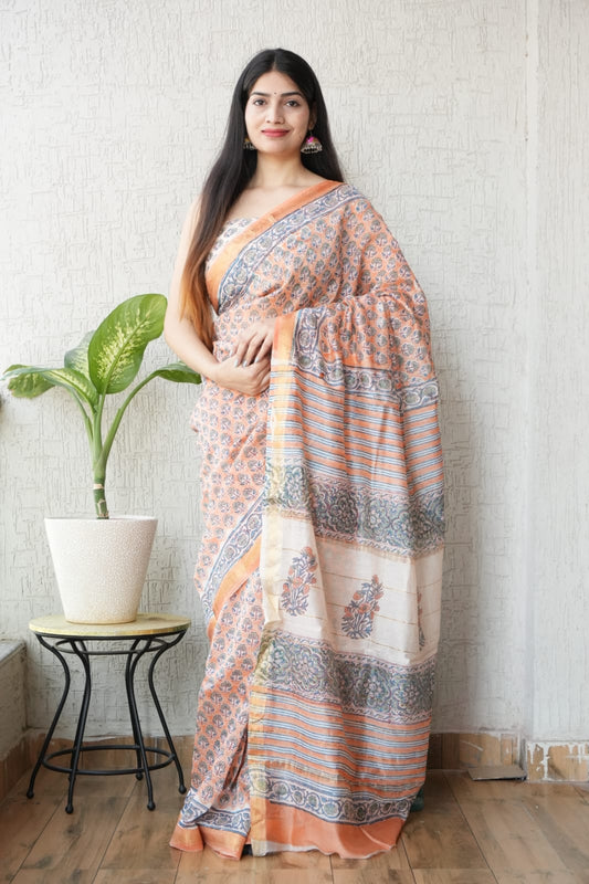 New Designer Hand Block Print Maheshwari Silk Saree (BFMSARE09)