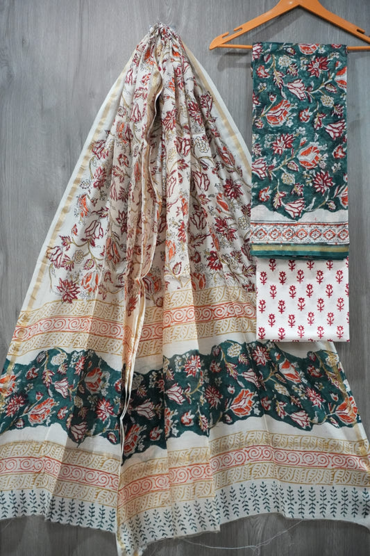 Teal Green & Rust Orange Tulip Floral Hand Block Print Chanderi Silk Dress Material (BFCHS49)