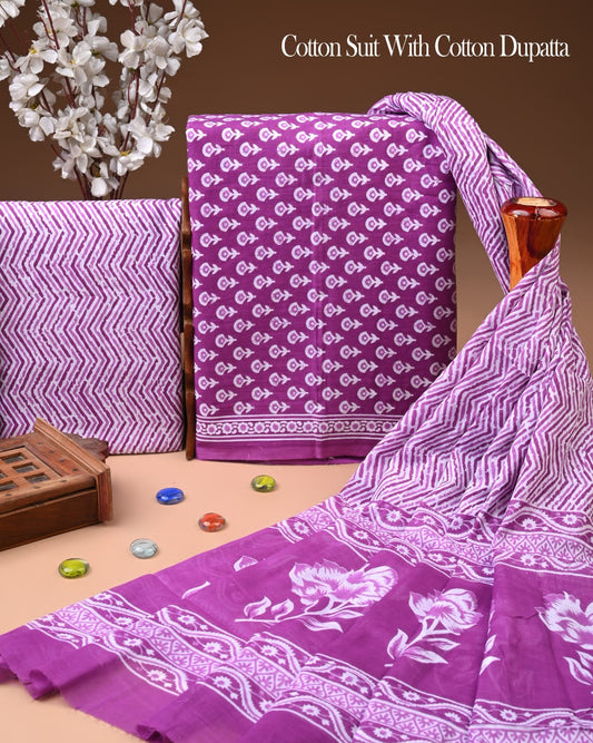 Exclusive Hand Block Cotton Suit With Cotton Dupatta(BFCOT119)