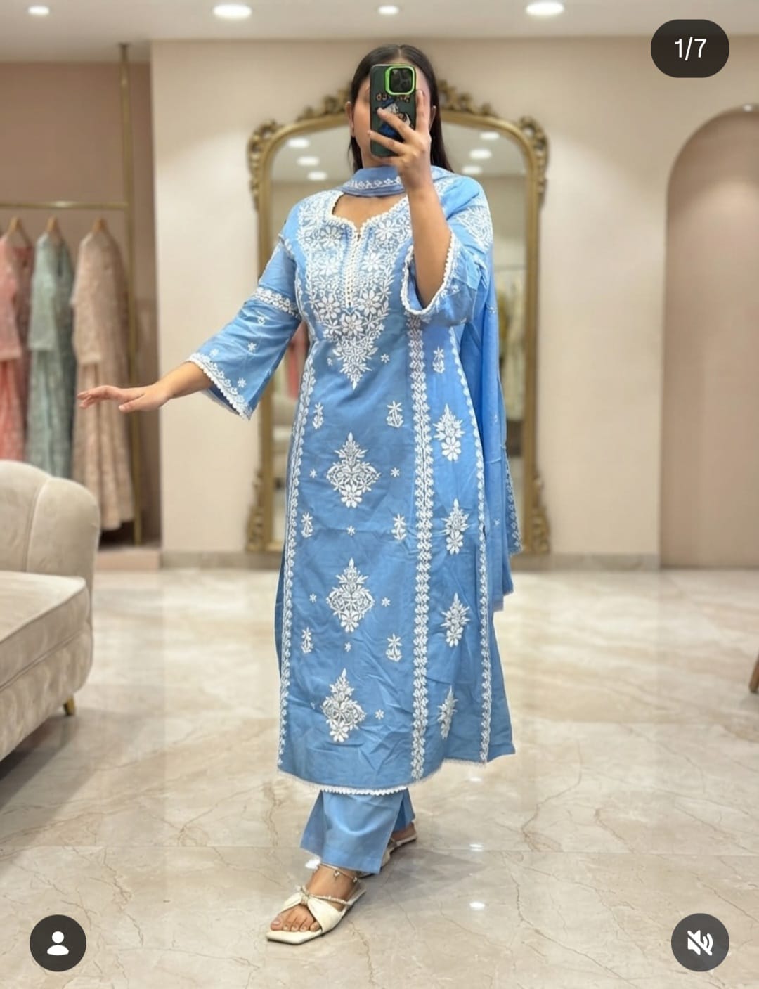 Sky Blue Chikankari Embroidered Cotton Suit Set for Women