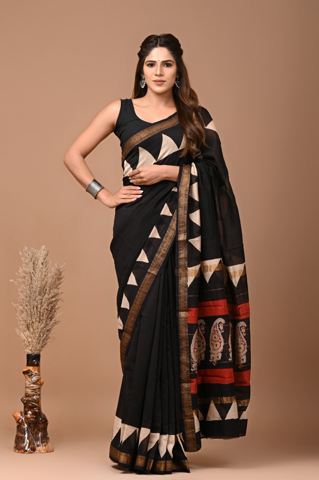 New Designer Hand Block Print Maheshwari Silk Saree (BFMSARE53)