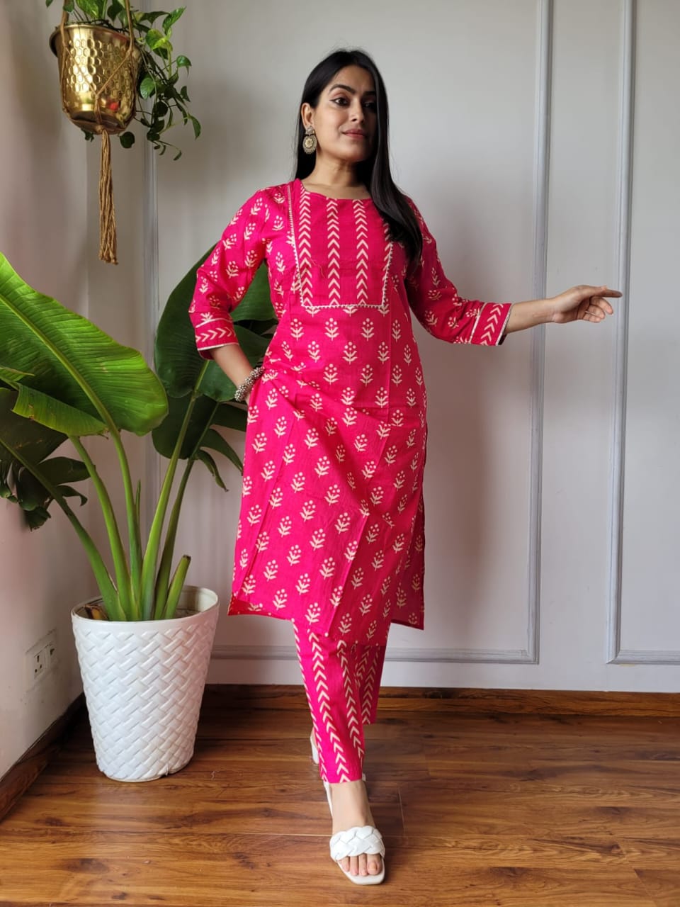 Pink Printed Cotton Kurti Pant Set for Women