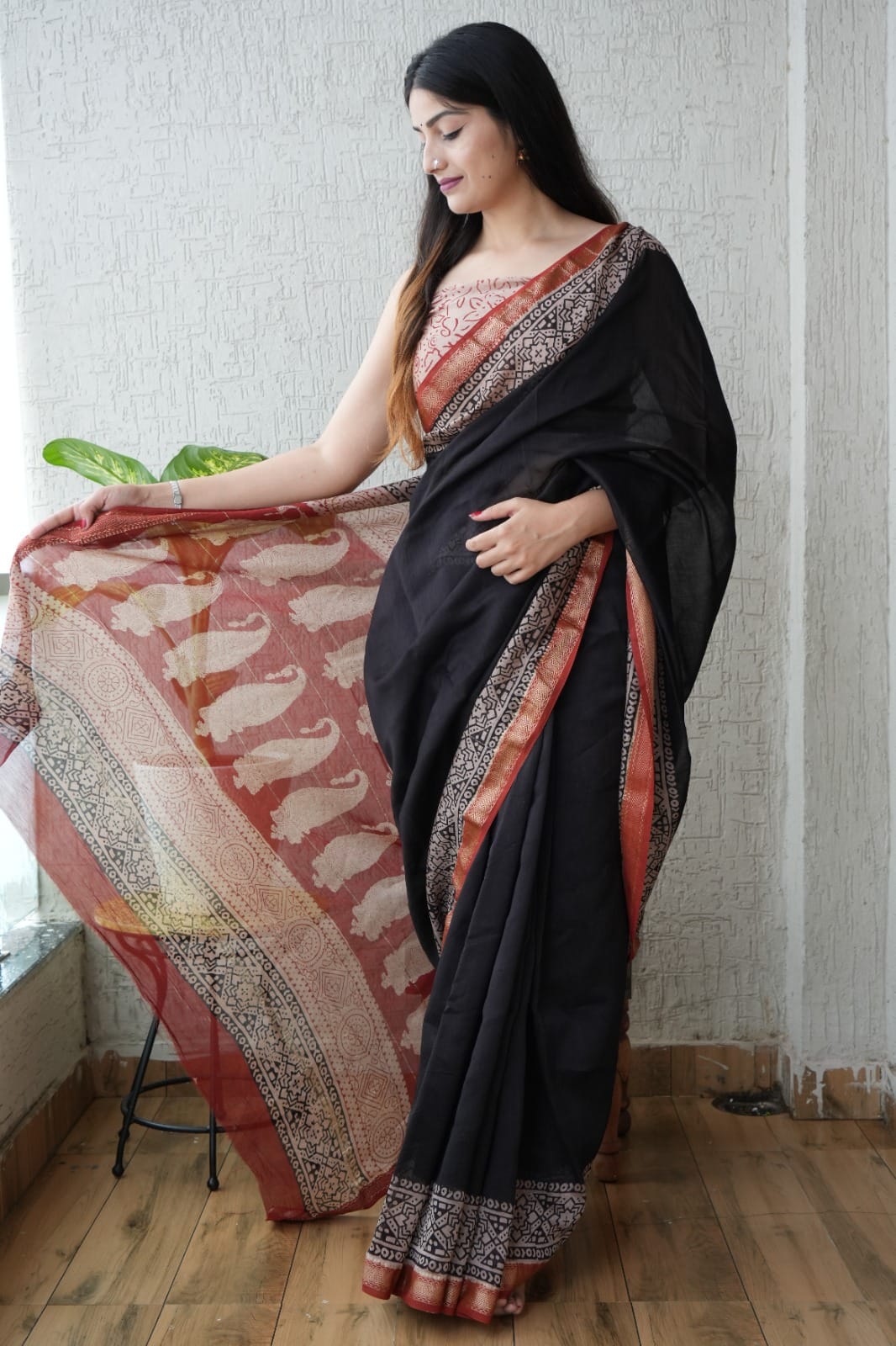 New Designer Hand Block Print Maheshwari Silk Saree (BFMSARE53)