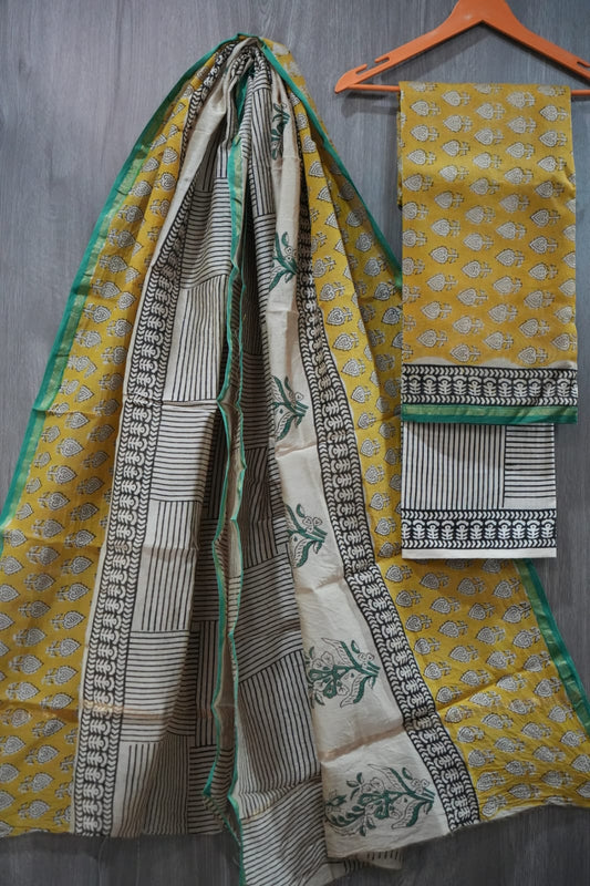 Mustard Yellow & Black Leaf Butti Hand Block Print Chanderi Silk Dress Material (BFCHS40)