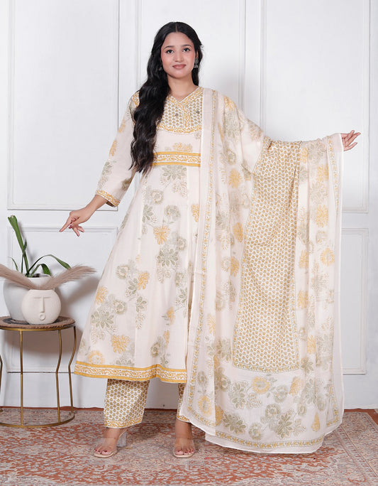 Mustard Yellow Floral Print Premium Cotton Anarkali Suit Set