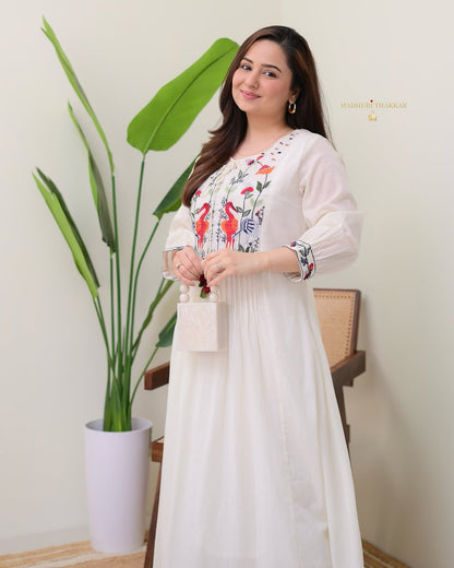 Off White Cotton Embroidered Kurti Pant Set | Classy Ethnic Outfit for Women