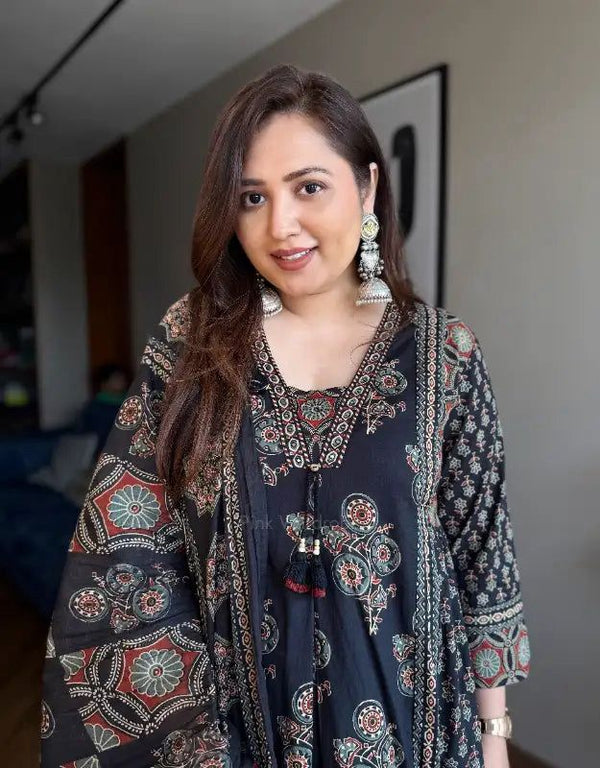 Black Ajrakh Print Anarkali Suit Set for Women