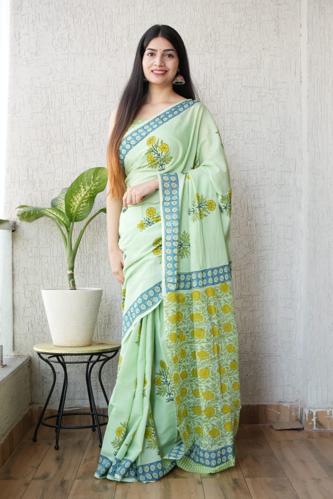 Light Green Floral Printed Cotton Saree – Soft Cotton Saree for Women(BFCS12)