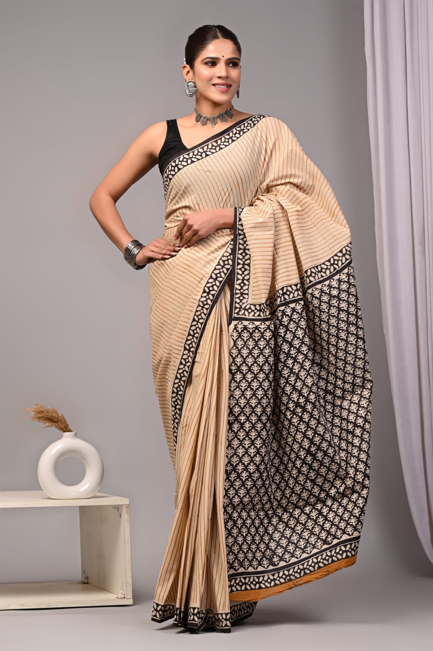 Traditional Authentic Hand Block Printed Pure Organic Cotton Sarees With matching Blouse