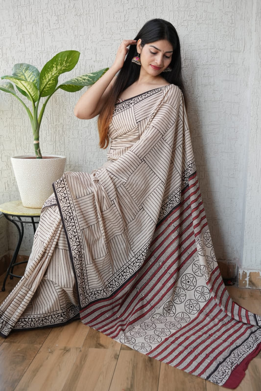 Traditional Authentic Hand Block Printed Pure Organic Cotton Sarees With matching Blouse