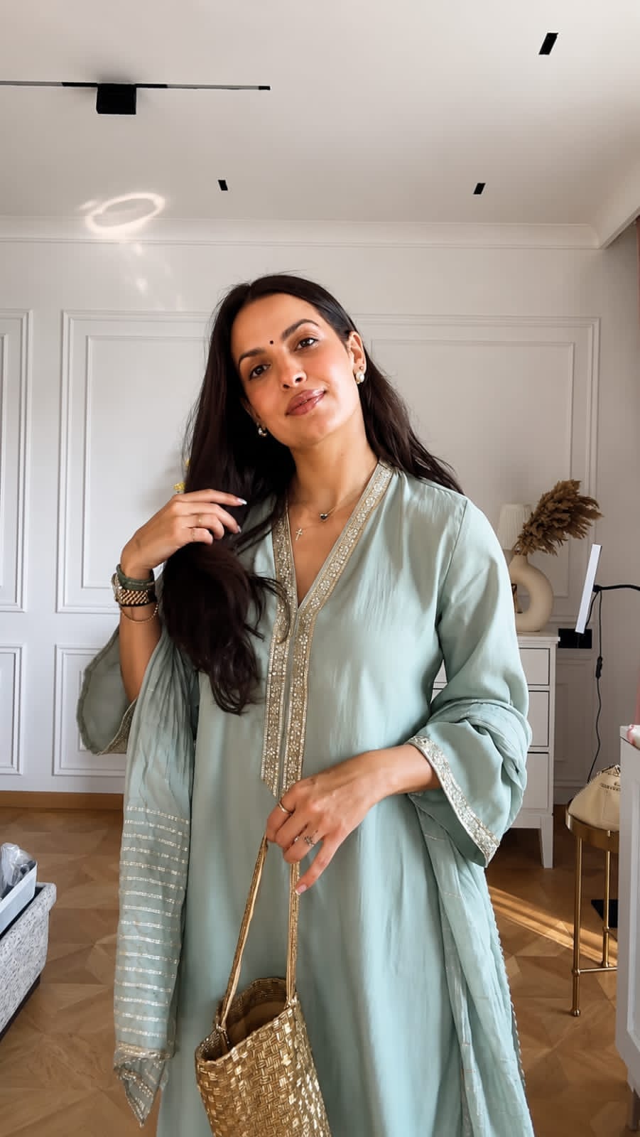 Sage Green Pure Banana Silk Plazo Suit Set | Designer 3Pc Kurta with Jacquard Dupatta