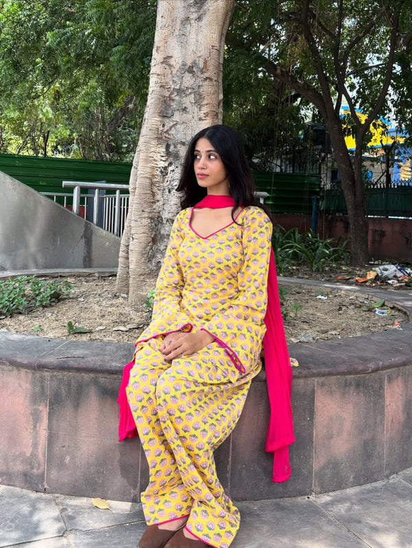 Yellow Cotton Block Print Farshi Salwar Set